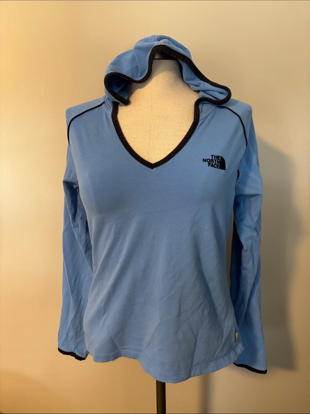 The North Face Women's Sky Blue V-Neck Hooded Pullover with Black Trim